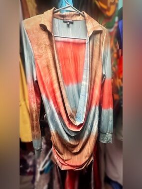 NWOT Cowl Neck Draped Ombre Dress in Coral, Sky Blue & Brown